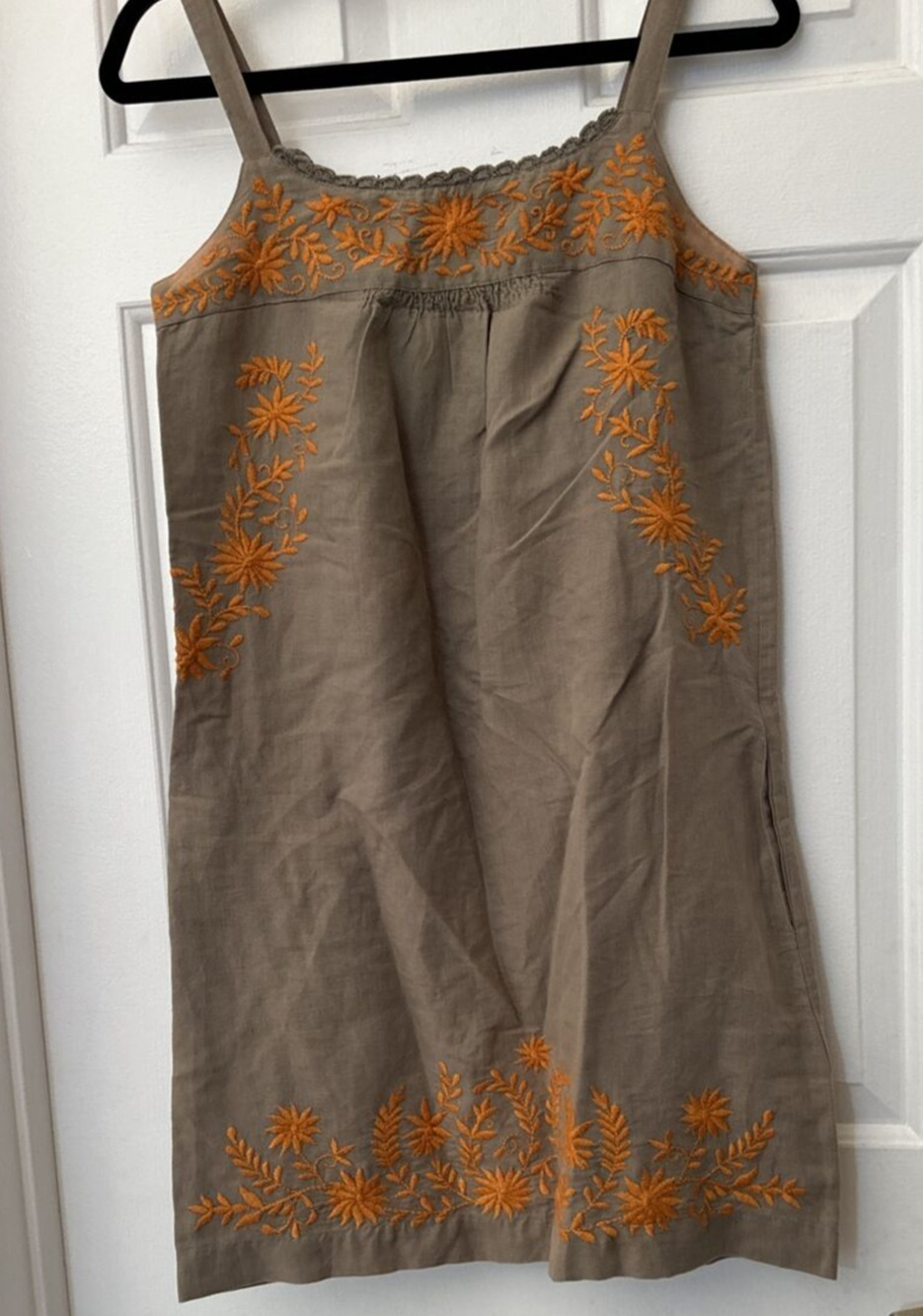 Lucky Brand Floral Embroidered Boho Tank Dress Linen/Cotton Blend Tan Orange XS